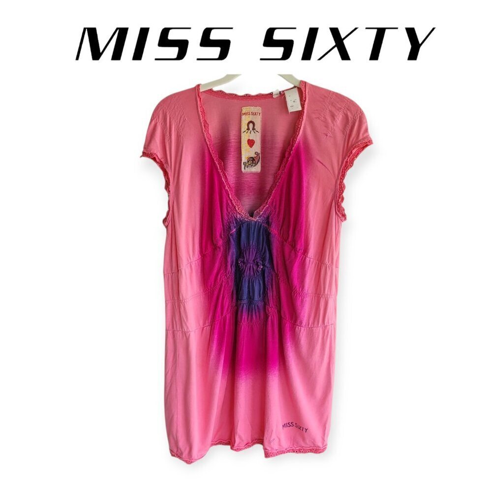Y2K Retro Miss Sixty Tie-Dye Tunic Top Purple Pink Blue Festival Vintage 2000s M